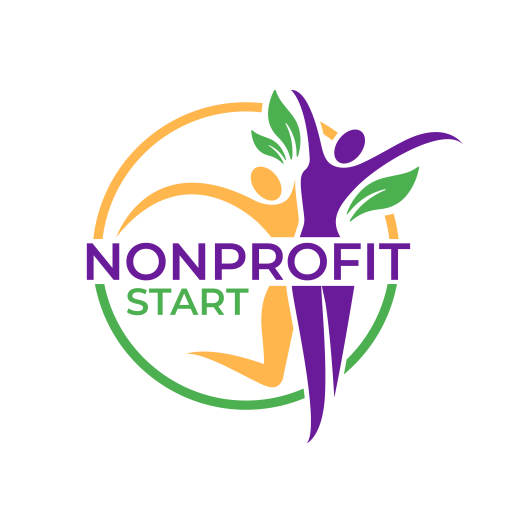 Nonprofit Start Logo with two figures with green leaves for wings in purple, gold and green